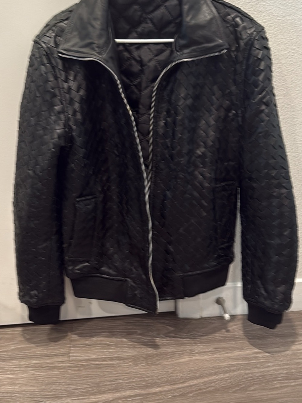 Men's Black leather Quilted Woven Zip Bomber Jacket